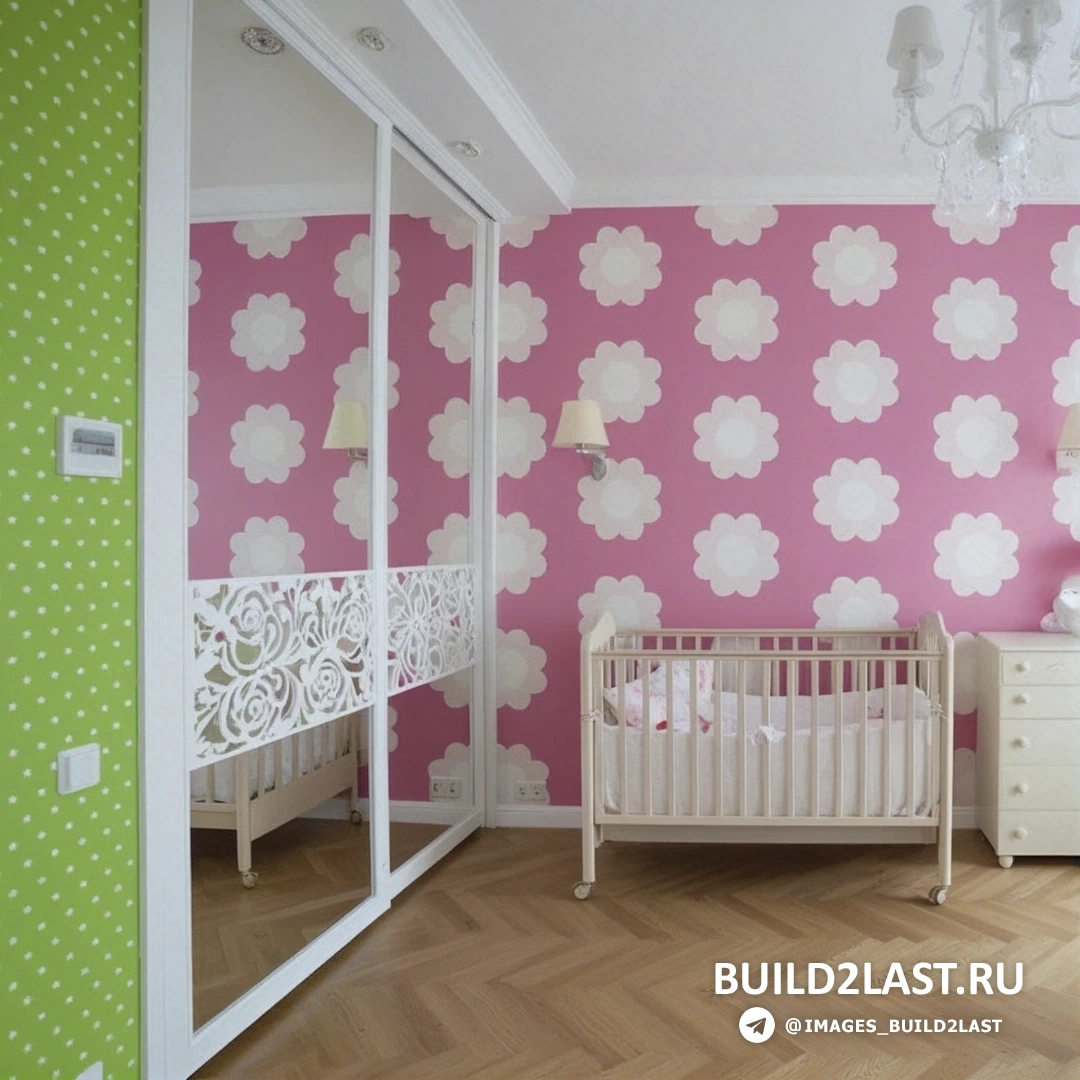 Детская кроватка в комнате с оранжевыми и розовыми оттенками, декоративными панно и мягкими светильниками.