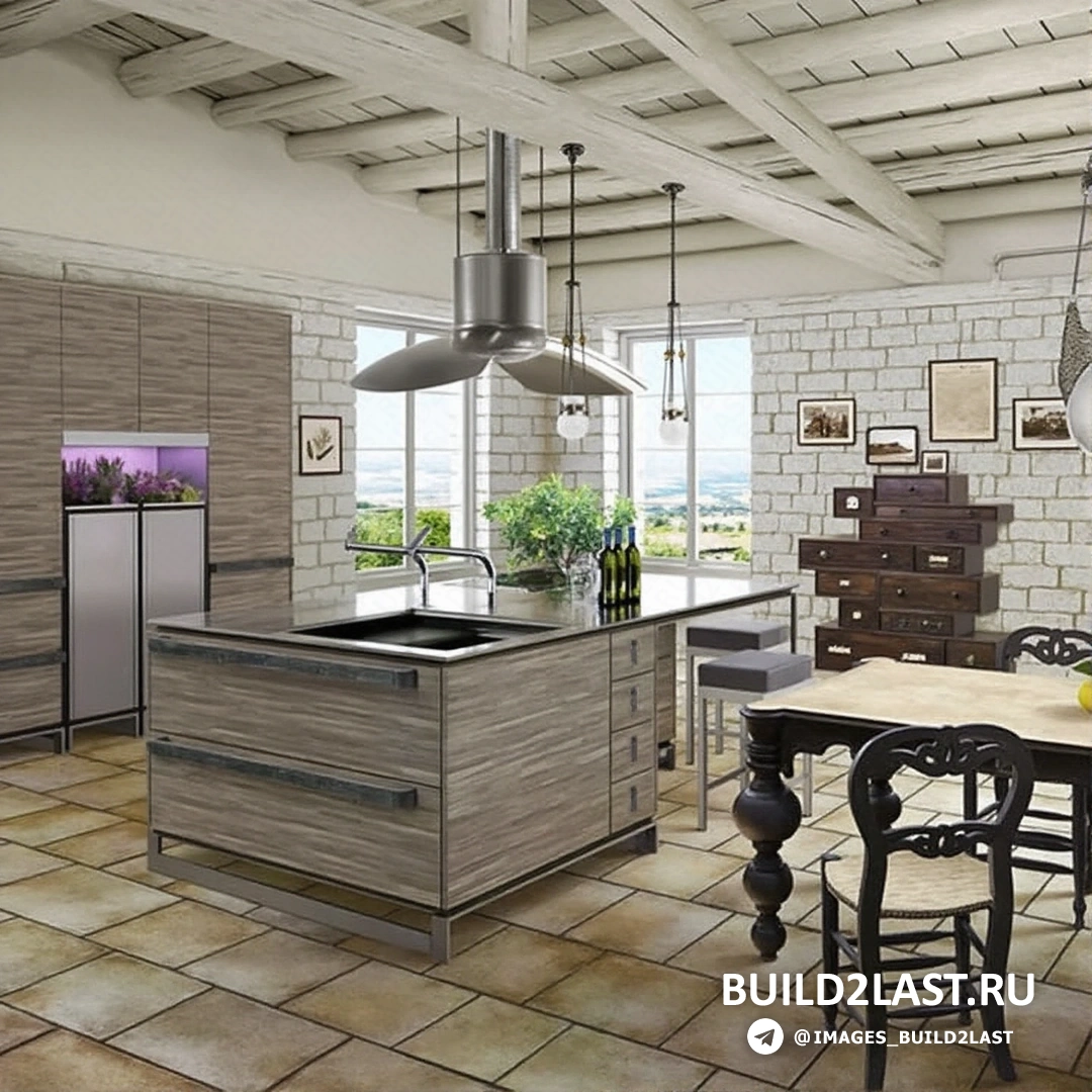 Элегантная кухня с открытыми полками, мягким освещением и уютным столиком для завтрака