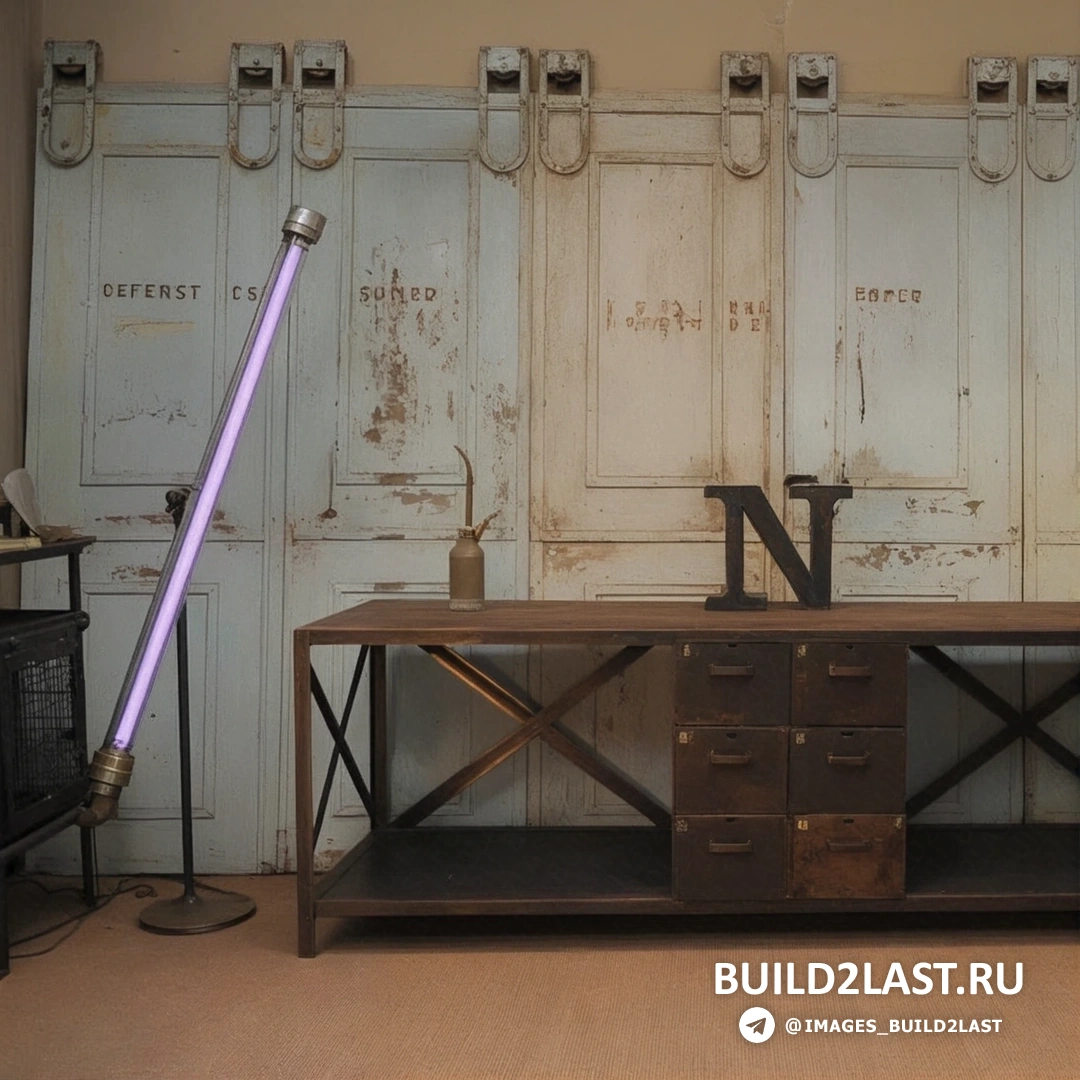 Индустриальный буфет или шкаф на фоне кирпичной стены с бежевыми и коричневыми деталями и торшером.
