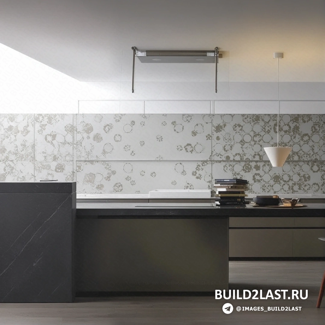 Кухня в стиле модерн с серыми и белыми оттенками, выполненная в графическом дизайне.