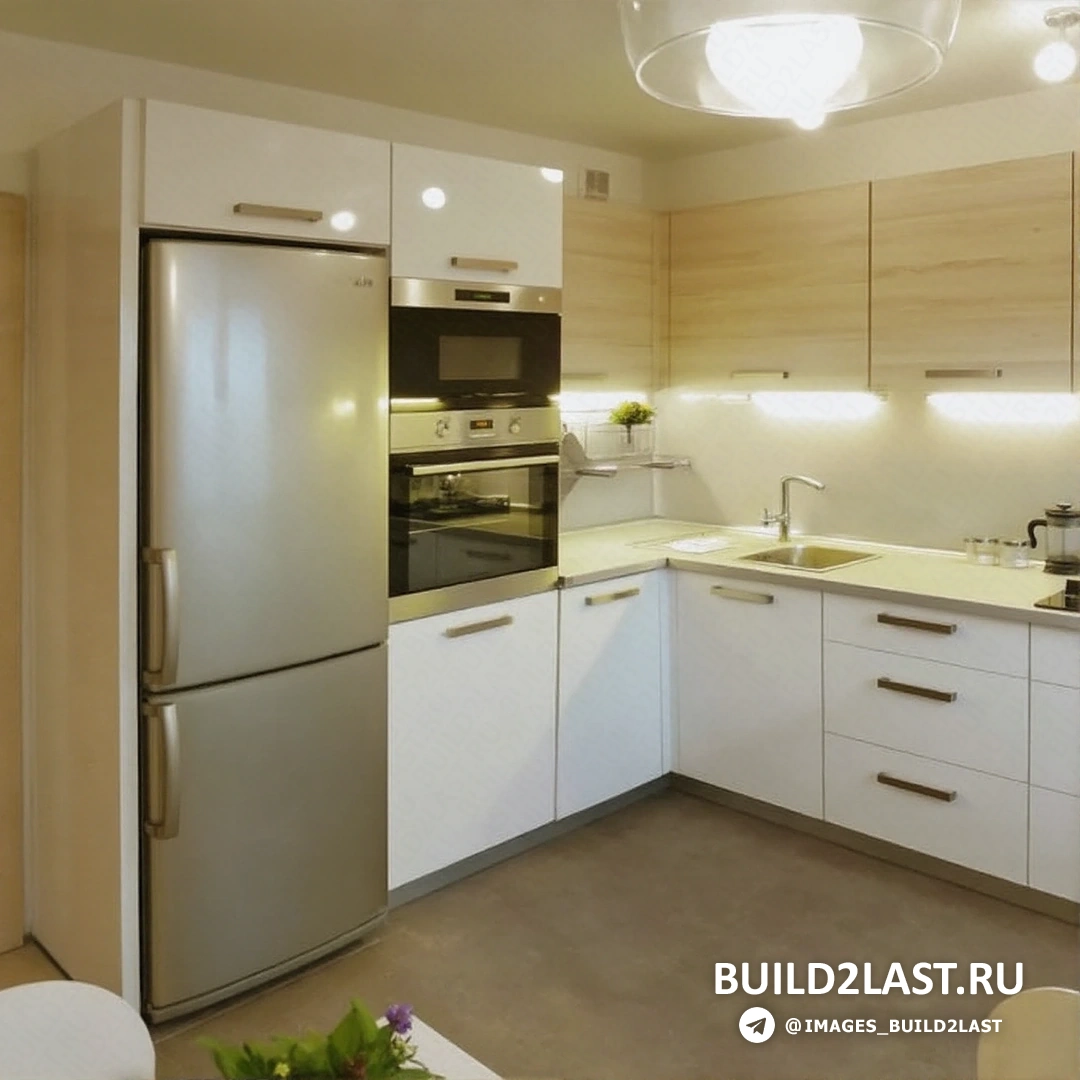 Кухня в стиле ретро с голубыми и белыми акцентами, кирпичной стеной и светлым деревом, современная вытяжка и холодильник