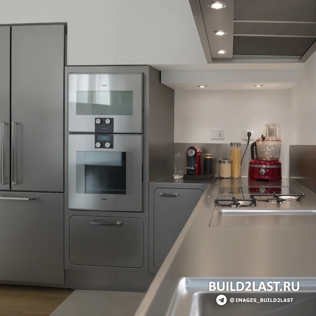 Минималистичная кухня с металлической мебелью и нержавеющим оборудованием.