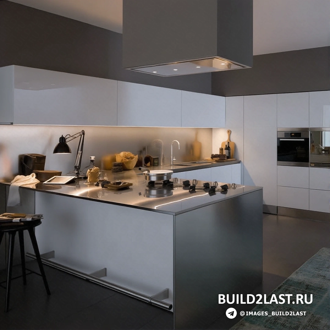 Современная кухня с серыми и металлическими оттенками, минималистичной мебелью и барными стульями