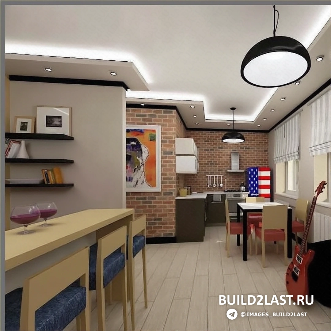 Спальня в стиле лофт с кирпичной стеной, деревянными балками и кроватью.