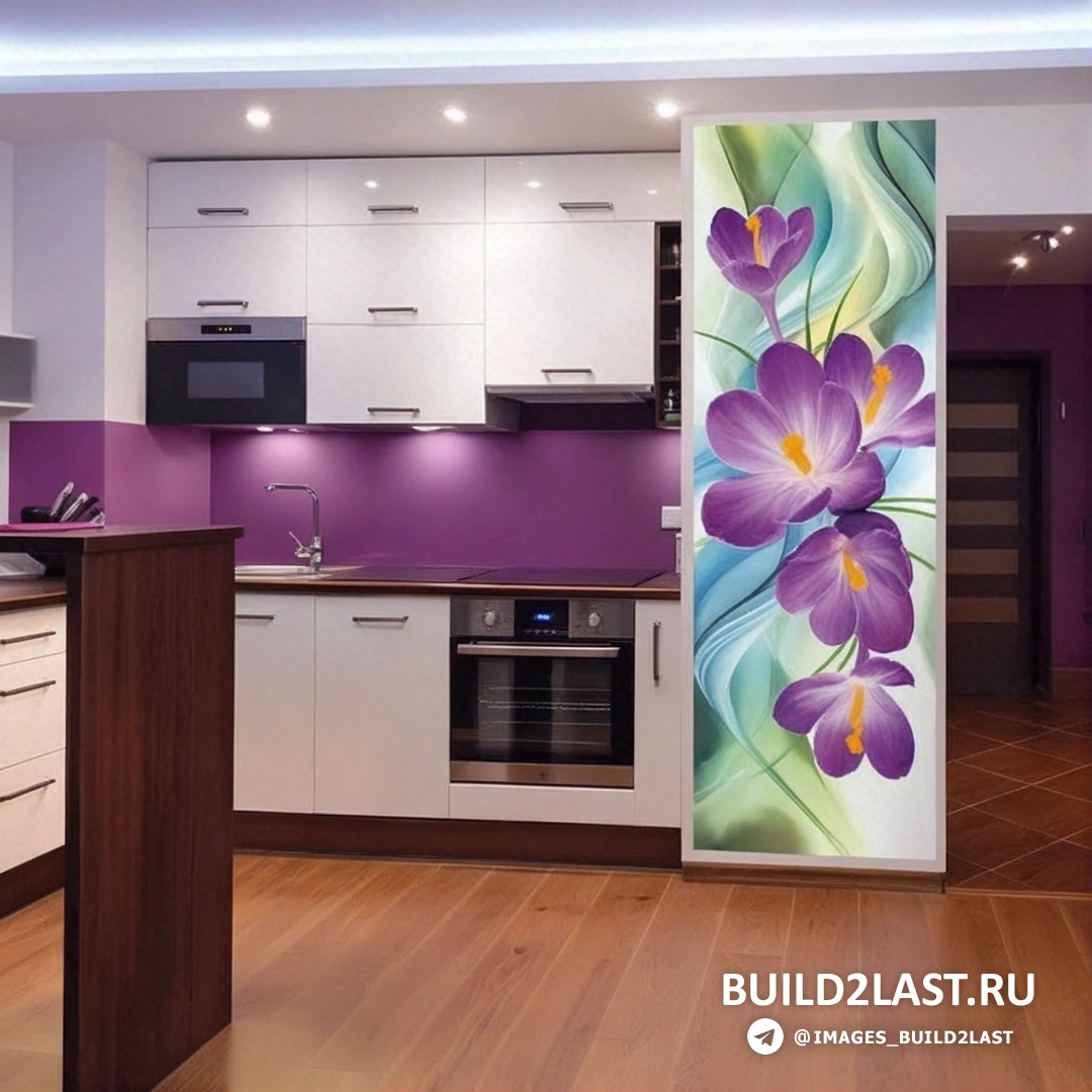 Стол с креслами на кухне в коричневых и белых тонах, люстра и фотообои на стенах