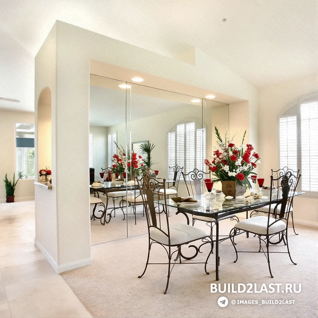 Светлая гостиная и кухня в романтическом стиле с люстрами, барным стулом, диваном и ковром.