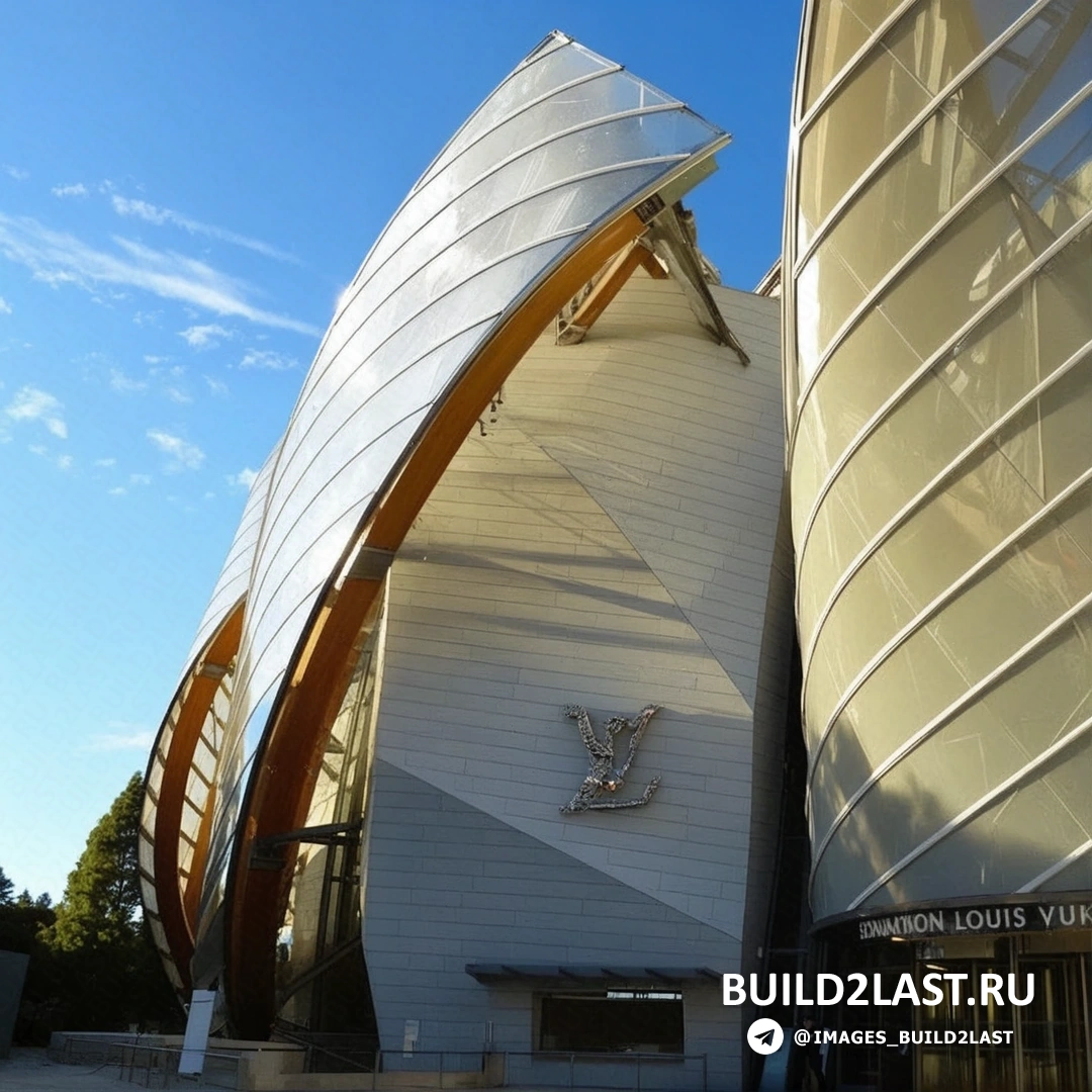 Вид на музей Louis Vuitton Foundation с высоты, окружающая зелёная территория.
