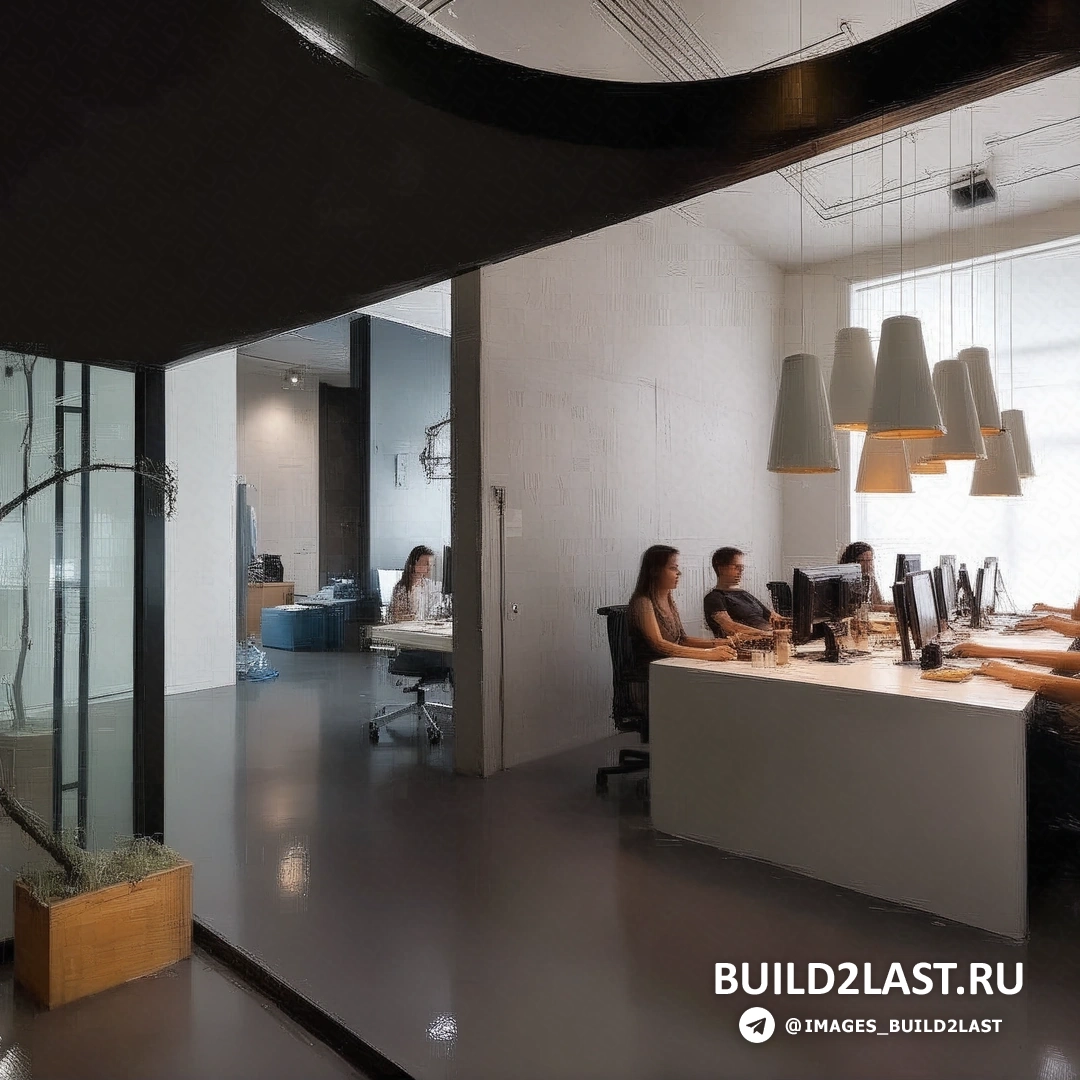 Вид на студию и рабочих, обсуждающих проекты