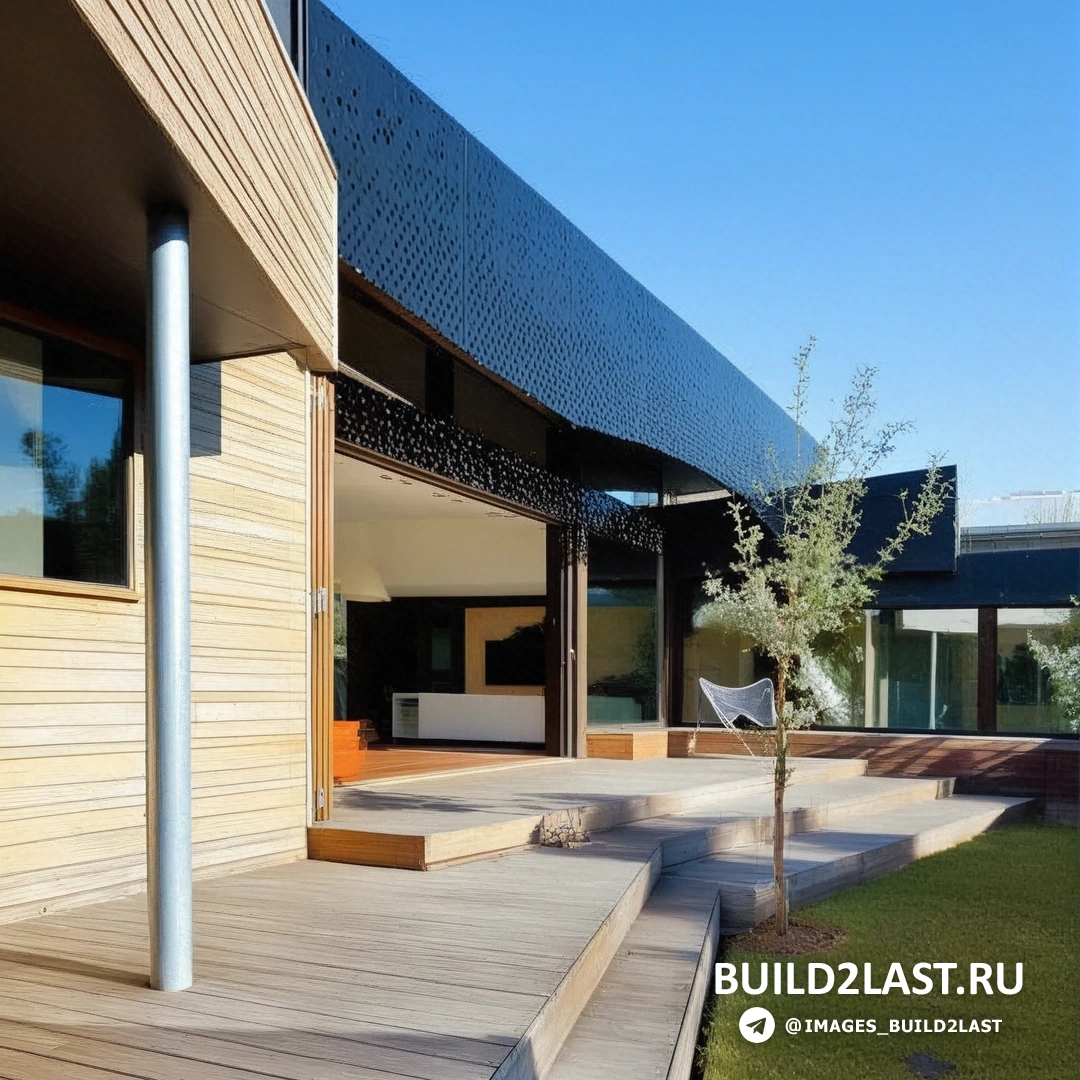 Внутренний дворик загородного дома Balnarring House с панорамным остеклением, столом, стульями и декоративными элементами.