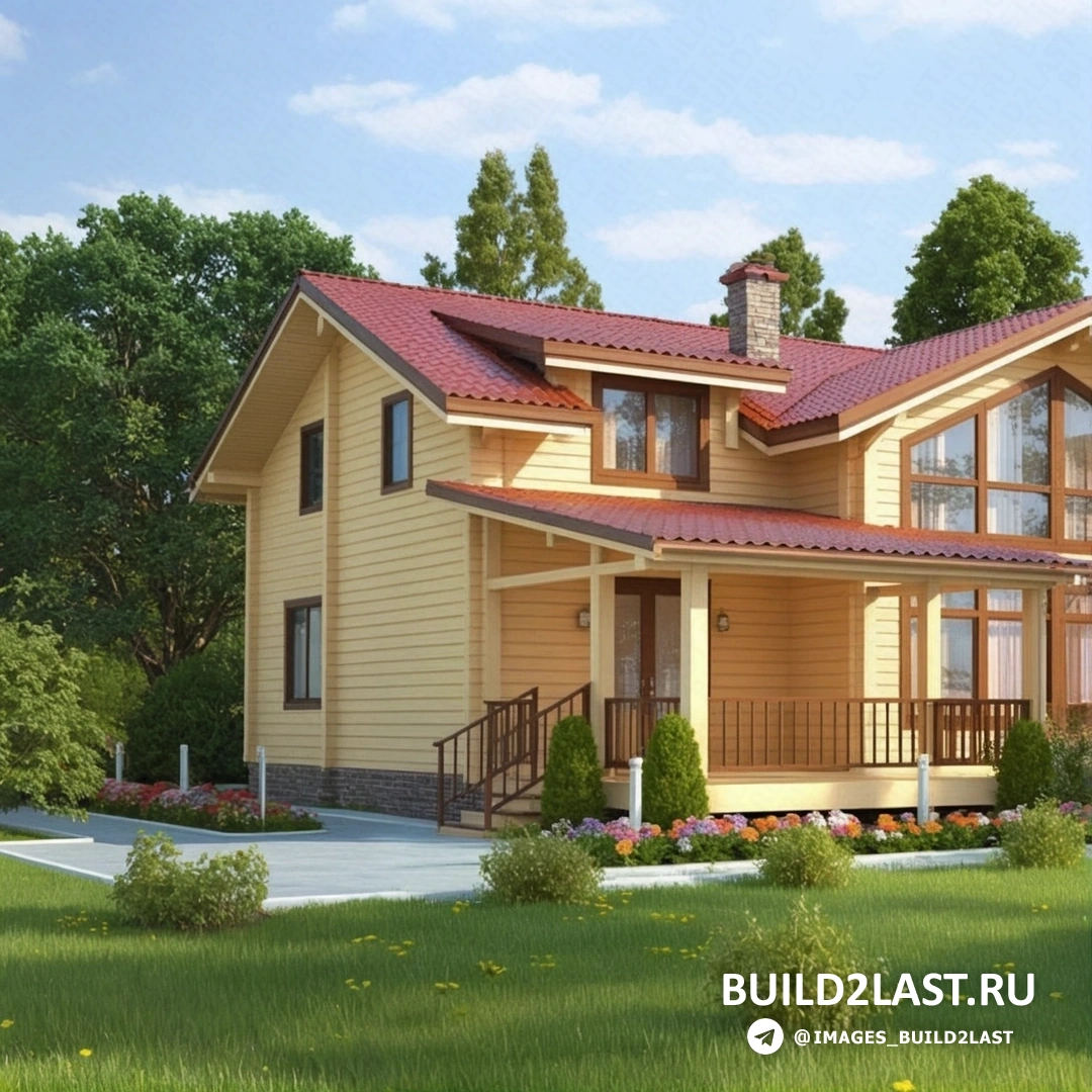 Загородный дом из клееного бруса с многоуровневой крышей и стеклянным фасадом на фоне ландшафтного дизайна и газона